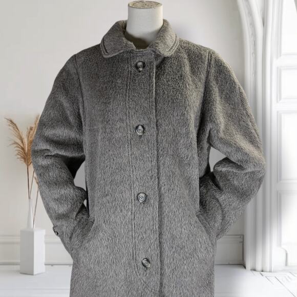 Vintage Dutch Llama Mohair Coat Size L Gray Mid Length Overcoat Pockets - Picture 2 of 16